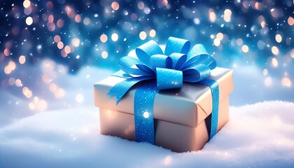 Sparkling Blue Ribbon-Wrapped Gifts, surrounded by a warm glow of twinkling lights and softly falling snowflakes in the background. Made with Generative AI Technology