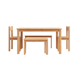 a table and chairs with a white background