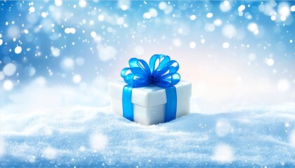 Sparkling Blue Ribbon-Wrapped Gifts, surrounded by a warm glow of twinkling lights and softly falling snowflakes in the background. Made with Generative AI Technology