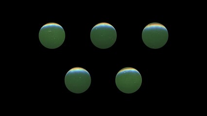 a set of green clear circles, empty stationery tacks, front view, isolated metal push rounded pins on black background