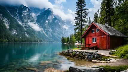 Red cabin by a lake with a bicycle parked outside in a scenic mountain setting