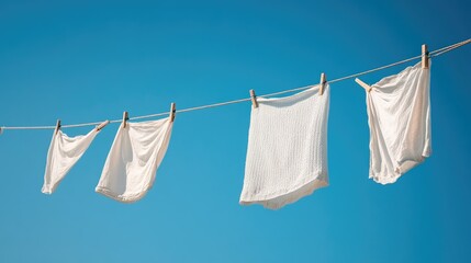 Close-up of clothes hanging on a clothesline with a clear blue sky background, providing ample space for text.