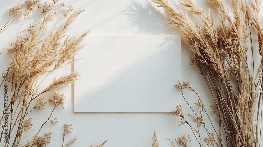 Aufkleber White paper empty blank dried grass decoration on beige background Invitation card mockup on beige table Flat lay top view copy space mockup : Generative AI