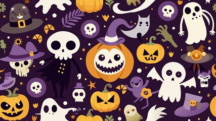 Halloween set witch, pumpkins, ghosts, monster, skeleton. Characters and elements for halloween in cartoon style.whait background