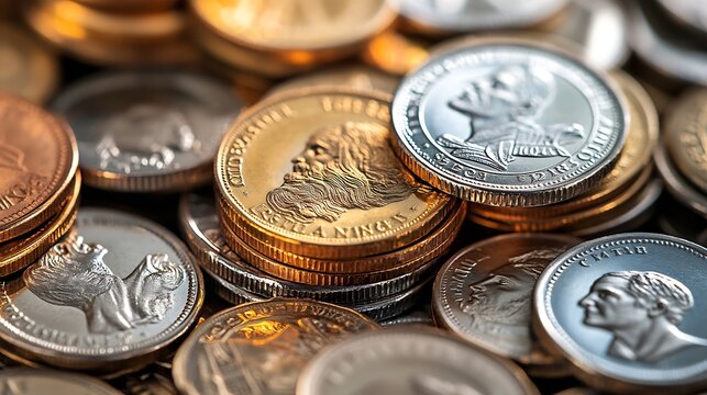 Pile of Golden coin silver coin copper coin quarters nickels dimes pennies fifty cent piece and dollar coins Various USA coins American coins for business money financial coins and eco : Generative AI