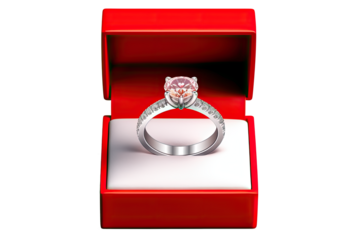 Collection of diamond ring in a red ring box on transparency background
