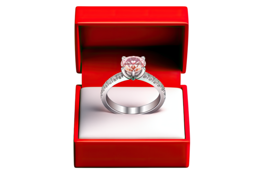Collection of diamond ring in a red ring box on transparency background