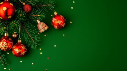 Naklejka premium 深緑の背景にクリスマスツリー、松の枝、赤とゴールドのオーナメント、冬の装飾品と贈り物Christmas Tree, Pine Branches, Red and Gold Ornaments, Winter Decorations, and Gifts on a Deep Green Background