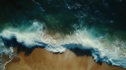 Fototapeta premium Overhead photo of crashing waves on the shoreline beach Tropical beach surf Abstract aerial ocean view : Generative AI