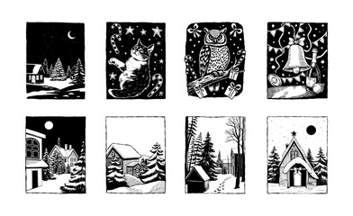 Merry Christmas and Happy New Year illustration, for greeting cards, posters, holiday covers. Xmas festive linocut black hand drawn.