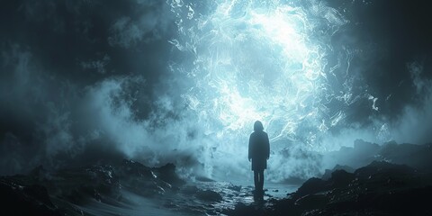 Obraz premium A man stands in front of a large, glowing blue object