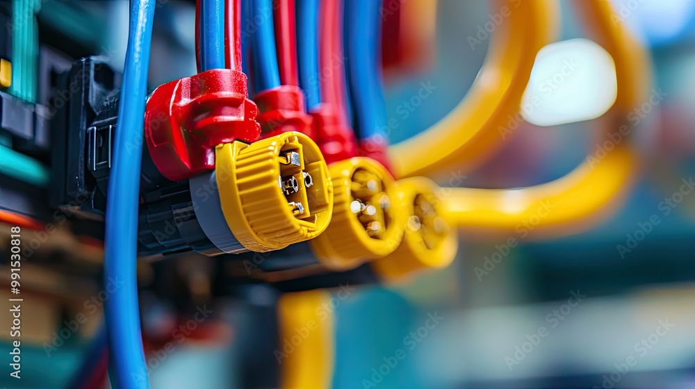 Poster close-up of electrical connectors with a large empty space in the background for copy.