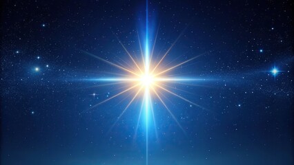 Obraz premium Bright star shining in the dark blue night sky, symmetrical, bright, brilliant, Christmas Eve, beautiful, mystical, holiday, religious, winter, celestial, divine, symbolism, glowing
