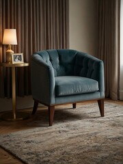A luxurious armchair next to a nightstand with a warm lamp, creating a cozy vibe.