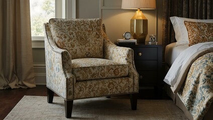 A luxurious armchair with patterned upholstery enhances a cozy atmosphere next to a nightstand.