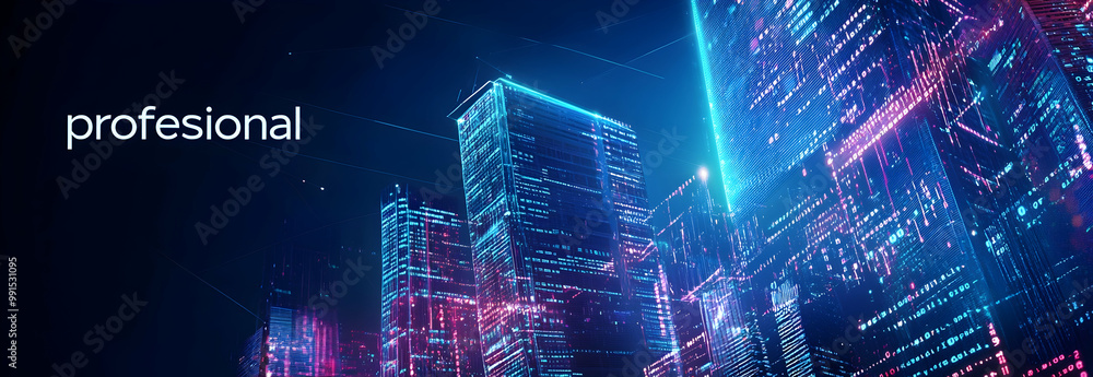 Poster a modern vector illustration featuring sleek smart buildings alongside binary code, with the word 