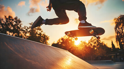 Skateboarder performing a trick on a ramp in an urban skate park at sunset