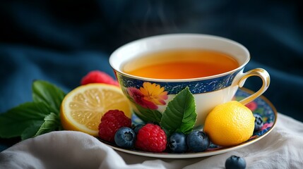 A vibrant image of a floral teacup with freshly brewed fruit tea, garnished with berries and lemon, placed on a soft linen cloth for a relaxing vibe.