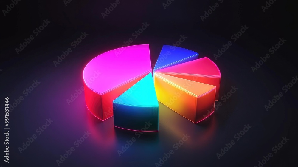 Poster a segmented 3d pie chart with neon-colored slices rotating on a dark background, representing data a