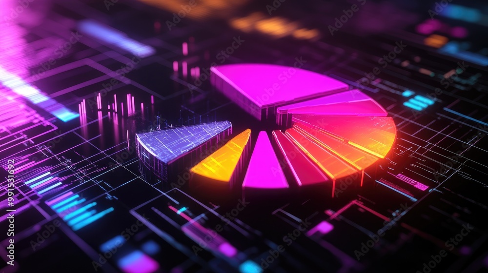 Poster a segmented 3d pie chart with neon-colored slices rotating on a dark background, representing data a