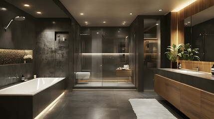 A spacious bathroom designed in gray tones, featuring heated floors for added comfort.