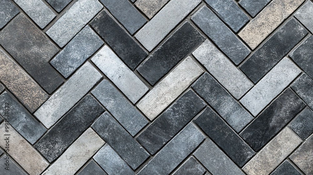 Poster closeup of a herringbone pattern of dark gray and light gray rectangular tiles.