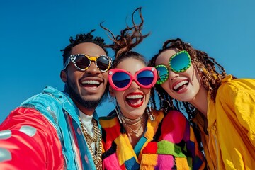 Multiethnic three friends posing with colorful sunglasses