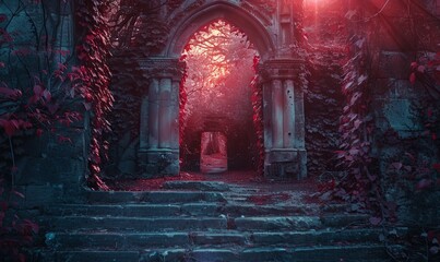 A dark, mysterious tunnel with a red archway