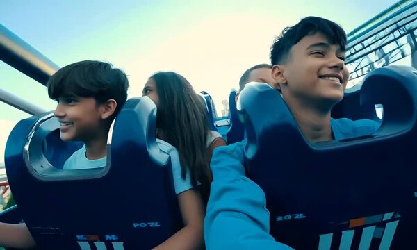 group of teenagers having best time on rollercoaster. the people are excited, smiling, and cheering.