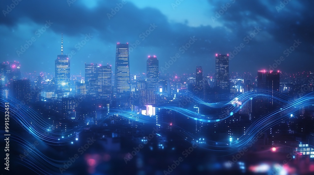 Poster smart city and big data connection technology concept with digital blue wavy wires with antennas on 