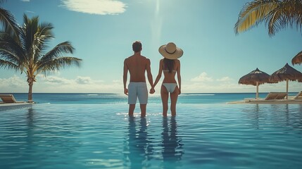 vacation couple on the beach near swimming pool luxury travel : Generative AI