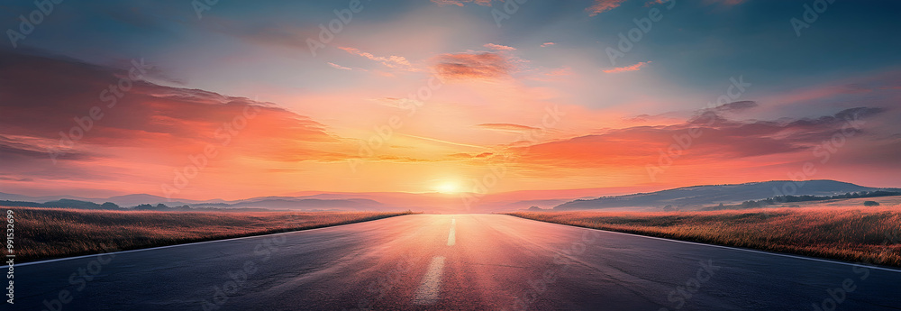Poster sun rising on the skyline over an empty asphalt road with a colorful sunset painting the backdrop in
