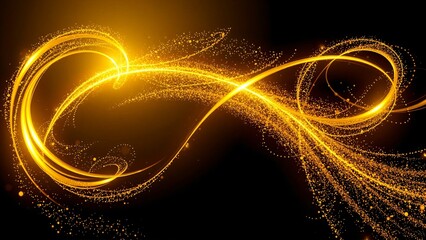 きらきらと光り輝いている流動的な粒　黒い背景　ロングエクスポージャーの光のペインティングイラスト曲線状の鮮やかなネオンメタリックの黄色と金色のライン
Long exposure light painting photography, curvy lines of vibrant neon metallic yellow gold against a black background
