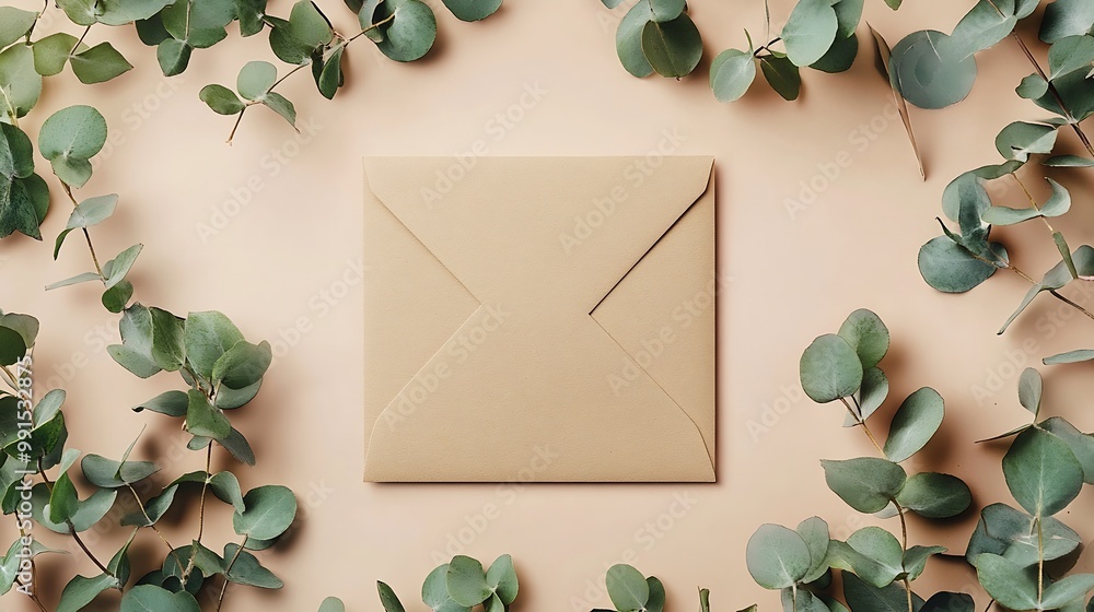 Aufkleber Banner Blank paper card mock up and craft envelope with branches eucalyptus leaves beige background White empty invitation on table Minimal modern lifestyle photo Flat lay top view cop : Generative AI