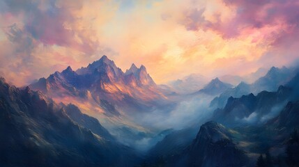 Obraz premium A Painterly Depiction of Mountain Peaks at Dusk