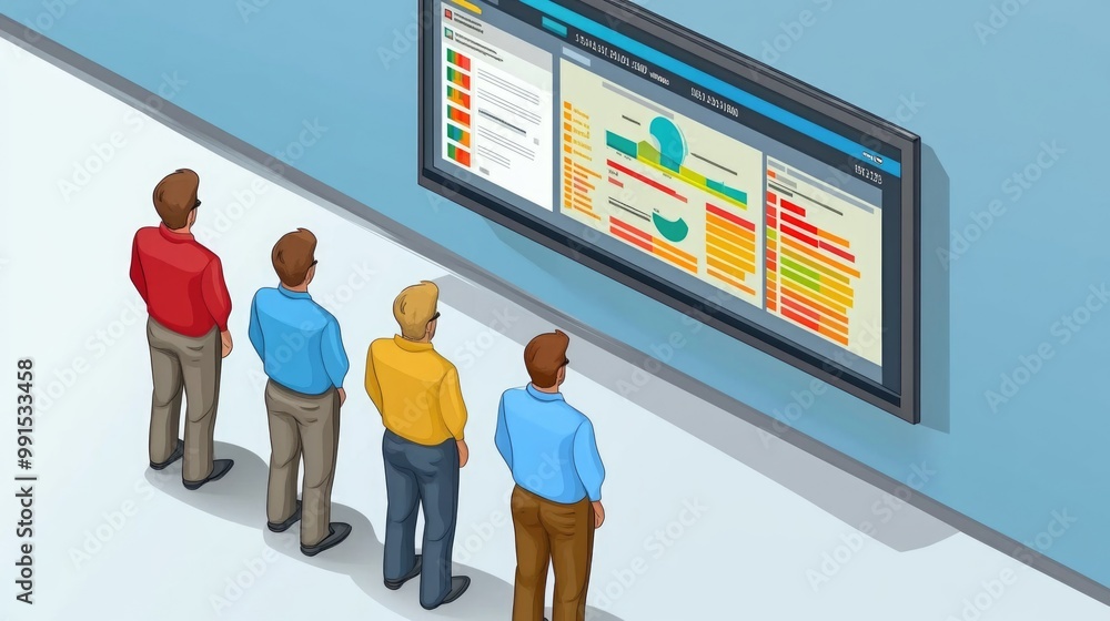 Poster a group of professionals reviews a data report displayed on a large screen