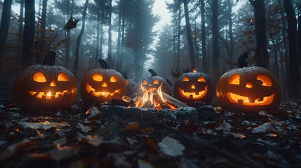 A Halloween campfire gathering with teens, glowing pumpkins and ghost-shaped decorations around, firelight casting long shadows, dense mist swirling through the forest,