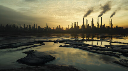 Obraz premium The environmental impact from industrial activity concept, Oil or wastewater is spilling on the river surface with background of industrial city. Generative AI