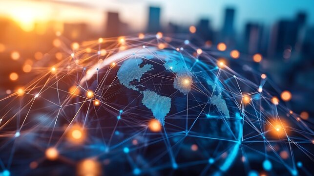 Global business structure of networking Analysis and data exchange customer connection HR recruitment and global outsourcing Customer service Teamwork Strategy Technology and social ne : Generative AI - Powered by Adobe