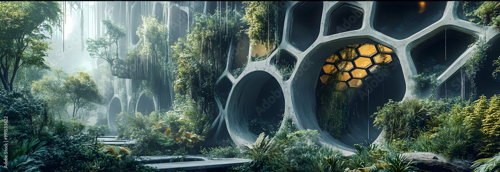 Poster the hive - sci-fi futuristic brutalist architecture building structure with rounded honeycomb patter