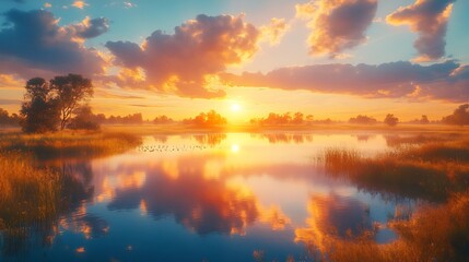 Fototapeta premium Spectacular sunrise over a scenic landscape with colorful clouds trees grasslands and water reflecting the golden sunlight : Generative AI