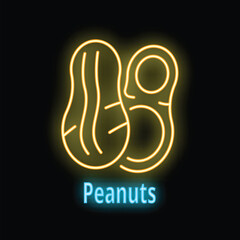 Yellow neon sign of two peanuts in shell glowing on black background