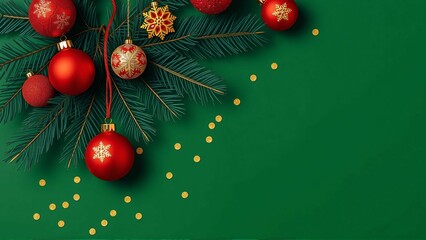 深緑の背景にクリスマスツリー、松の枝、赤とゴールドのオーナメント、冬の装飾品と贈り物 Christmas Tree, Pine Branches, Red and Gold Ornaments, Winter Decorations, and Gifts on a Deep Green Background