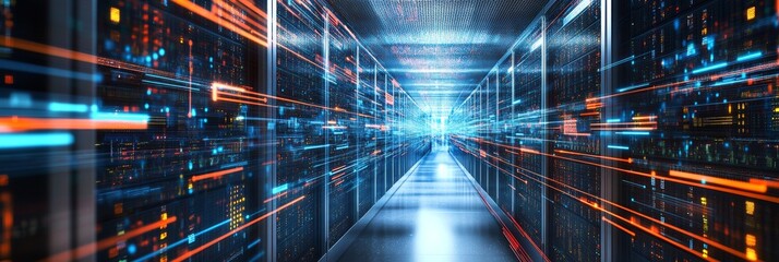 A high-resolution image of a futuristic data center interior