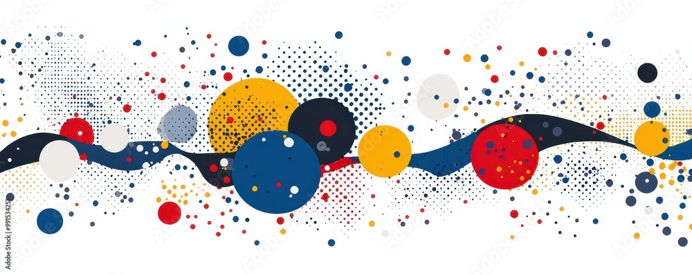Poster abstract illustration featuring vibrant shapes and multicolored dots in a dynamic wave pattern
