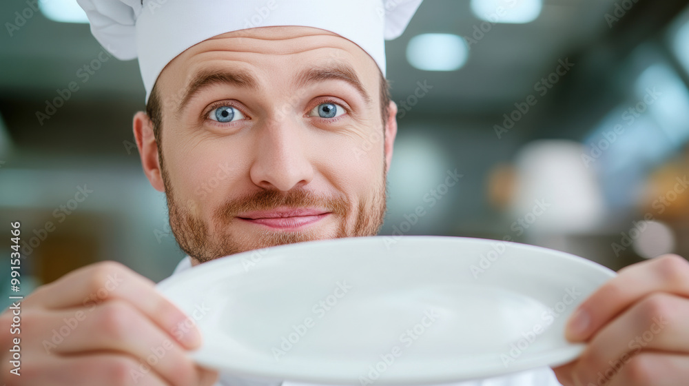 Wall mural A man in chef's uniform holding a white plate with his hands, AI