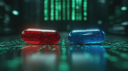 A visual representation of selecting between a red pill and a blue pill on a digital background