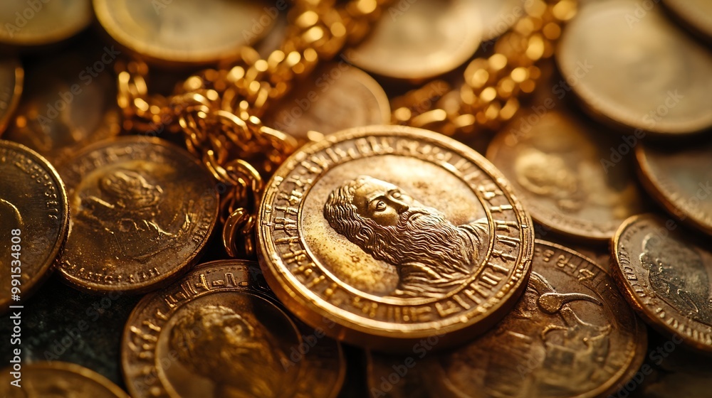 Aufkleber gold coin histamenon 13th century byzantium on the background of vintage gold coins and chains selec