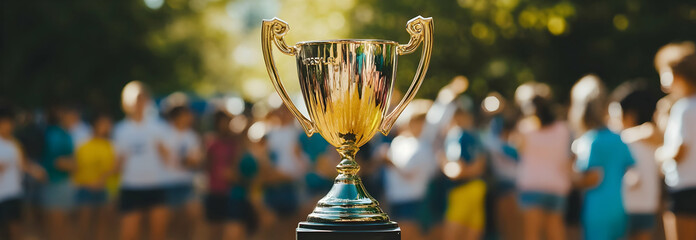A trophy showcased in the foreground, with a blurred crowd at a school sports day festival behind it.