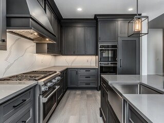 Fototapeta premium A kitchen with dark grey cabinets, grey countertops, and a white backsplash